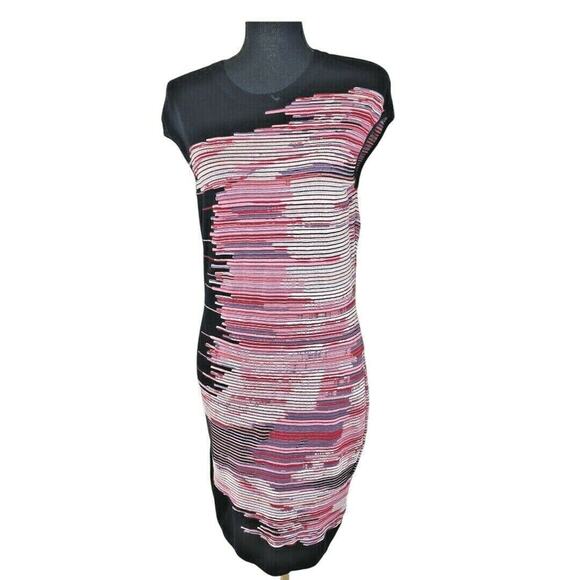 Escada Black Knit Fantasy‎ Multi Color Stripe Bodycon Dress Sz Medium - Picture 1 of 7